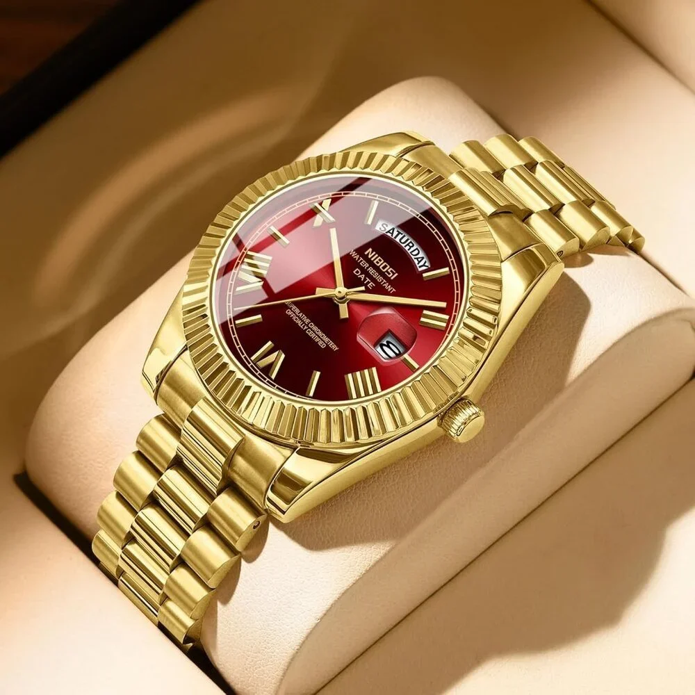 Men's Gold Red Stainless Steel Analog Classic Design Stylish Wrist Dress Watch